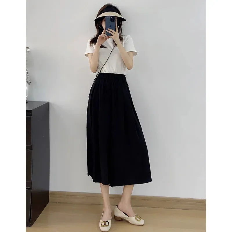 Summer Ice Silk Wide Leg Pants Women's Loose Casual Long Trousers High Waist Korean Sle Polyester Fiber Drapey Sumi Pants