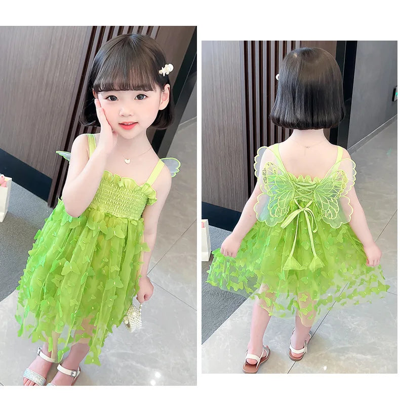 Fairy Girl Glitter Butterfly Wings Dress Summer New Kids Green Sling Princess Dresses Birthday Party Girls Costume