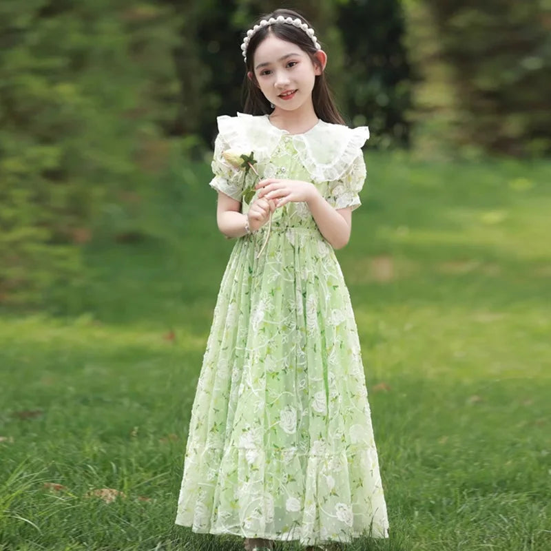 Girls Summer Dresses Children's Princess Gown Big Kids Short-sleeved Dress Teen Girls Peter Pan Collar Clothing