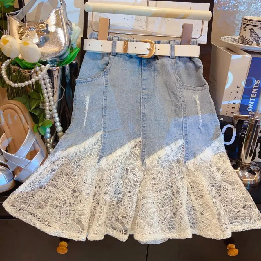 Girls' Summer Clothing Korean Version Denim Skirt New Style Children's Stylish Half Skirt Fashionable Three Piece Set