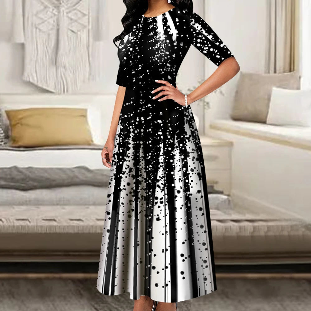 Women's Elegant Party Long Dresses Loose Round Neck Short Sleeves Retro Printed Casual Long Dress