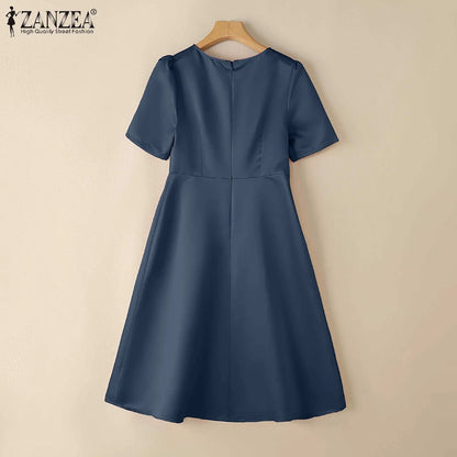 ZANZEA Elegant Woman Party Dresses Shiny Satin Round Neck Short Sleeve Fabric Flower A-line Robes Femme Fashion Midi Vestidos
