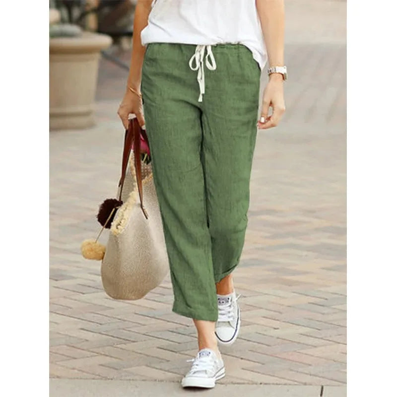 Autumn Cotton Women's Pants  Black Drawstring Elastic Waist Casual Pants Female Loose Fashion Elegant Ladies Bottom