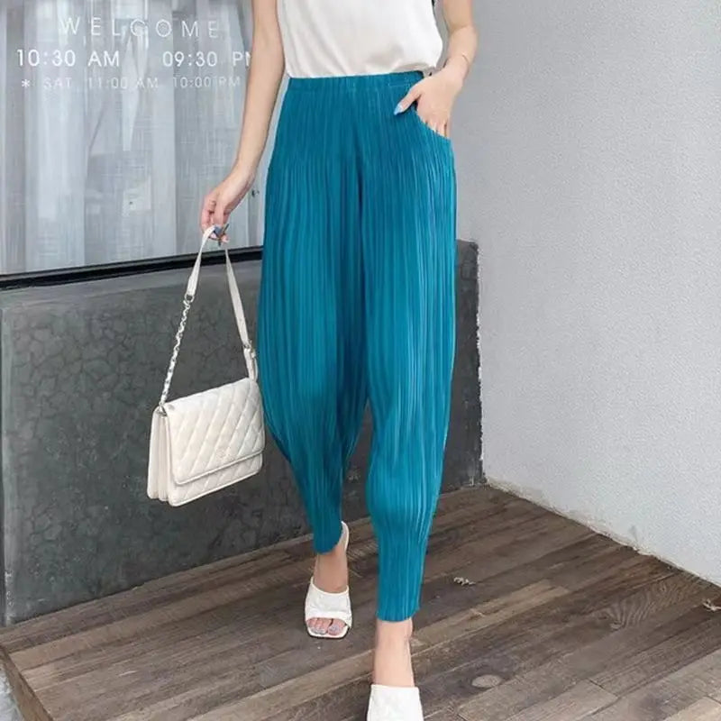 Women's Pants Miyake pleated casual small leg slimming look nine point harem pant summer thin versatile light tight Capris