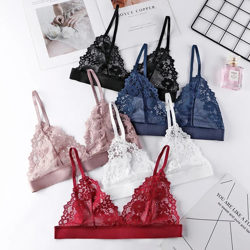Plus Size Romantic Full Lace Bralette for Women Sexy French Style Sheer Wireless Bra Ultra Thin Hollow Out Demi Cup Brassiere