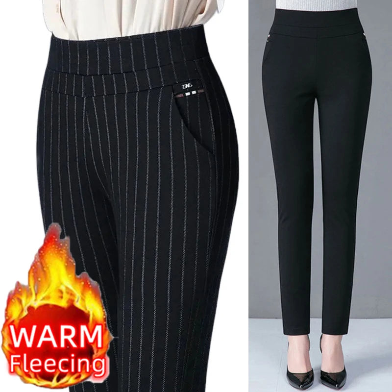 Autumn Winter Casual Elegant Office Slimming Solid Color Fleecing Thick Thin Women's Pants Elastic Waist Tight Pencil Pants