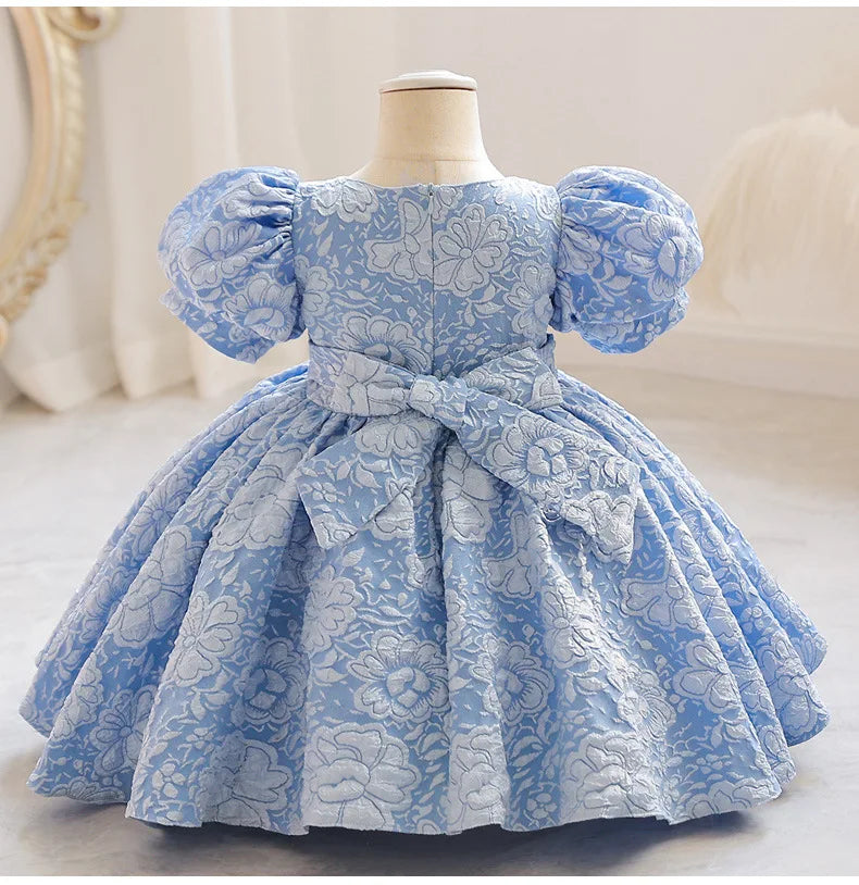New Bubble Sleeve Girl's First Year Dress Wedding Flower Girl's Birthday Dress Bowknot Sweet Lovely Puffy Dress