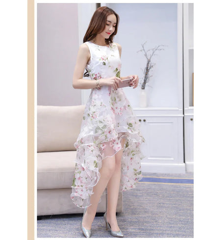 Summer High Low Retro Dress Vintage Women Sleeveless Front Back Short Long Organza Lace Dress Ladies Elegant Party Dress