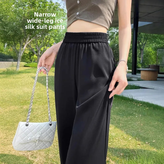 Slim Wide Leg Pants High Waist Drapey Thin Ice Silk Grey Small Size Straight Cut Women's Summer Trousers Long Pants