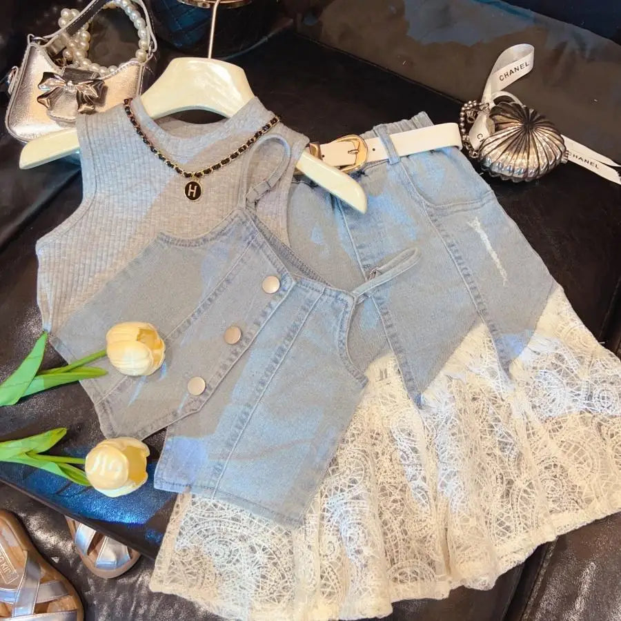 Girls' Summer Clothing Korean Version Denim Skirt New Style Children's Stylish Half Skirt Fashionable Three Piece Set