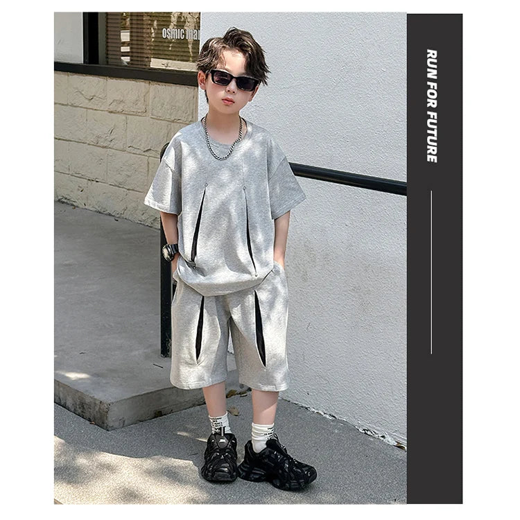 American Kids Design Double Cotton Gauze Clothing Set For Teenage Boy Casual Summer Top and Bottom Clothes Set Child Tracksuit