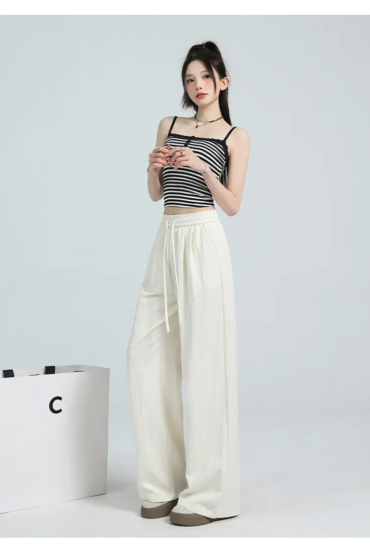 White Ice Silk Wide Leg Pants Women's Summer Thin High Waist Slimming Casual Versatile Elastic Waist Draped Straight Leg Trouser