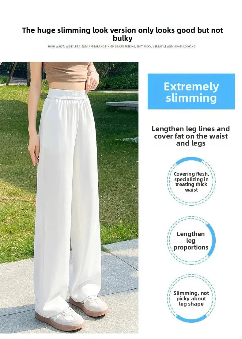 Slim Wide Leg Pants High Waist Drapey Thin Ice Silk Grey Small Size Straight Cut Women's Summer Trousers Long Pants