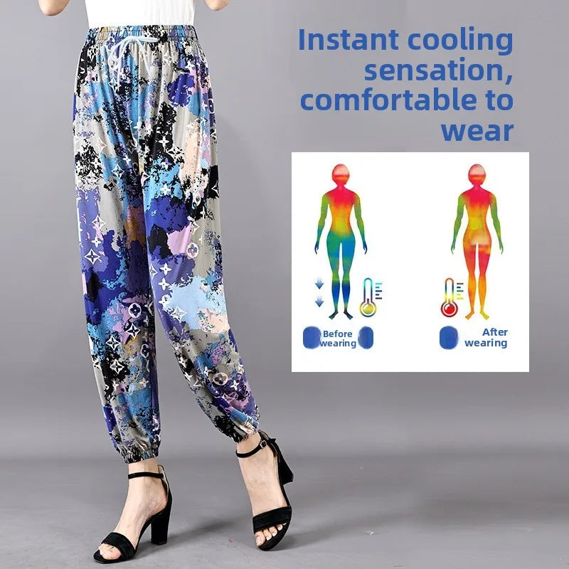 Summer Ladies Ice Silk Loose Casual Home Pants Elastic plus Size Mom Square Sports High Waist Straight Leg Length Nine Points