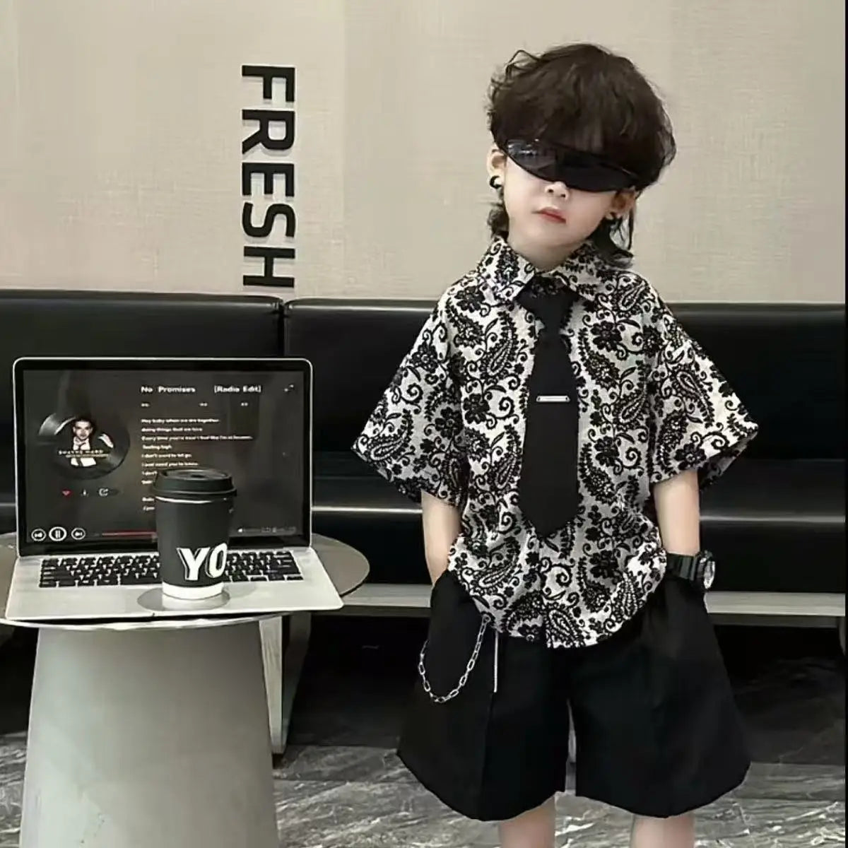 Summer Dress New Handsome Children's Flower Shirt Tie Shorts 3-Piece Set