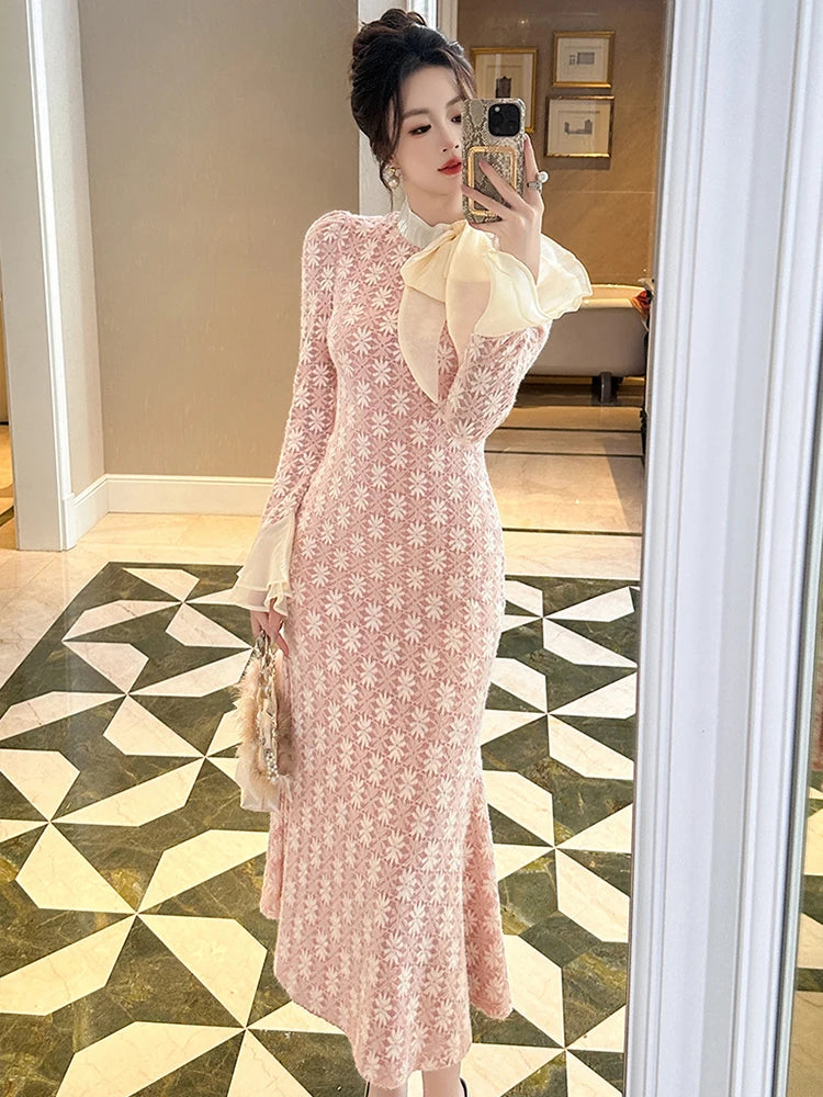 Fashion Gentle Party Dresses Women Clothing Elegant Pink Lace Bow Ruffles Long Fishtail Long Robe Date Banquet Vestidos Mujer