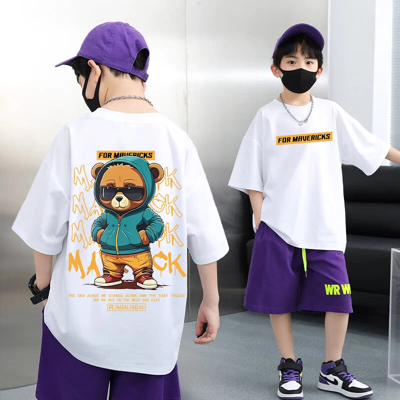 Summer 100% Cotton Boys Blue T-shirt Cool Graffiti Printed Girls Tees Short Sleeve Children Tops High Quality Kids Clothes