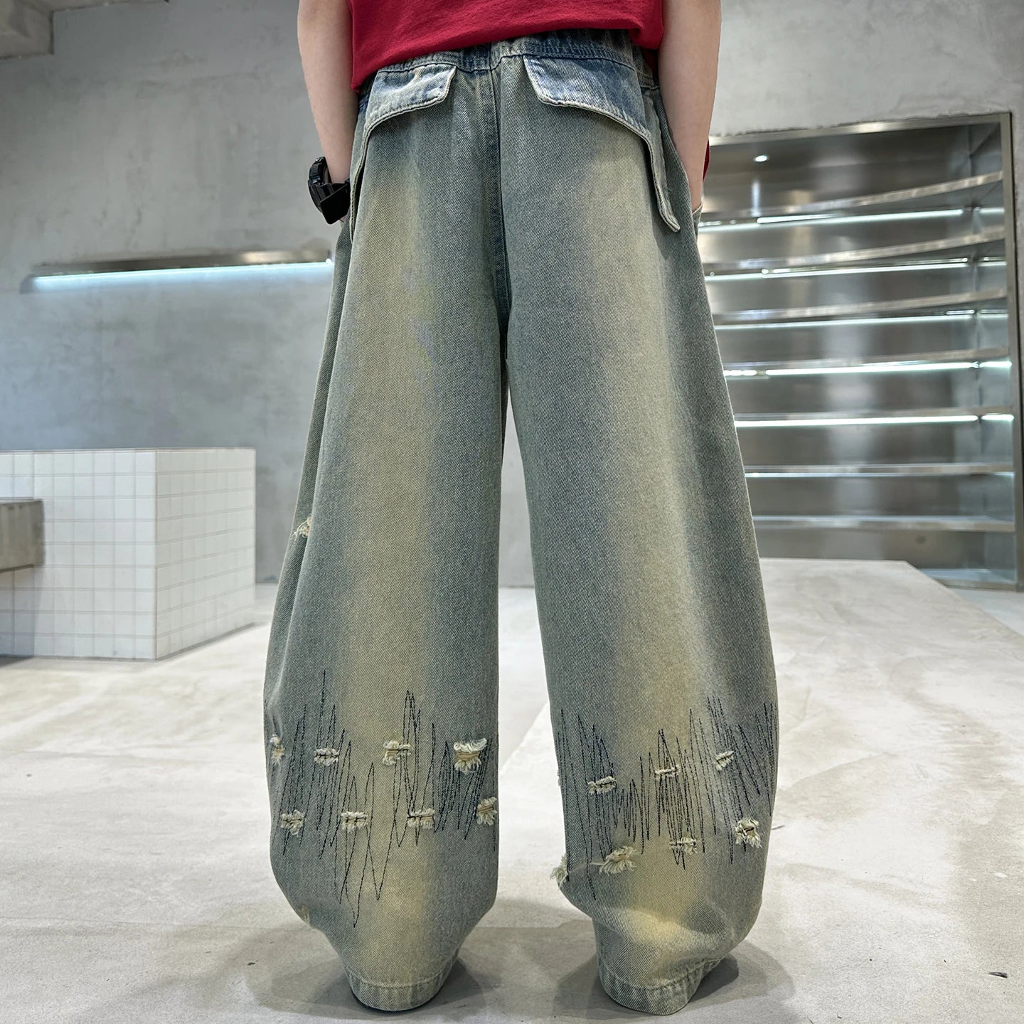 Korean Boy Luxury Hip Hop y2k Baggy Ripped Jeans Kids High Street Fashion Hiphop Rap Dance Denim Pants Child Performance Trouser