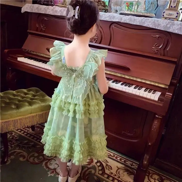 Baby Girls' Summer and Spring New Dress Butterfly Mesh Princess Fashion and Beautiful Kids Outwear Evening Dress