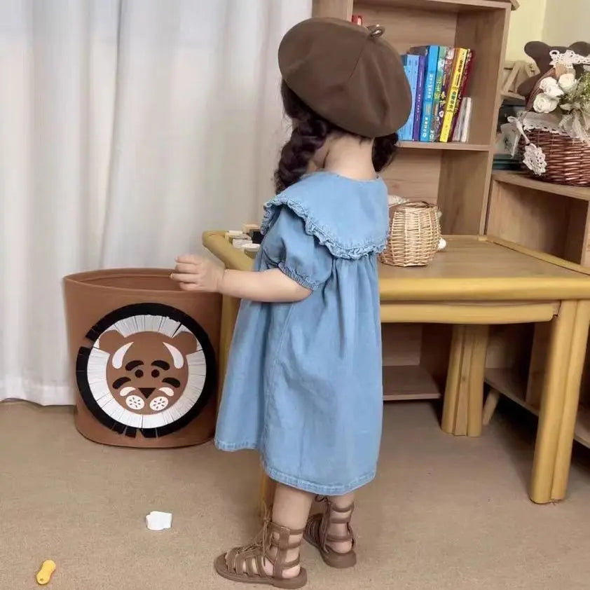Children's Dress Summer Girl's Fashionable Bubble Sleeves Denim Dress Baby Cotton Short Sleeves Flip Collar Princess Dress