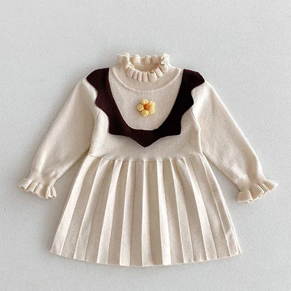 2024 New Autumn Kids Princess Dresses Long Sleeved Knitted Splicing Baby Girl Knitting Party Dress Children Knitting Clothes