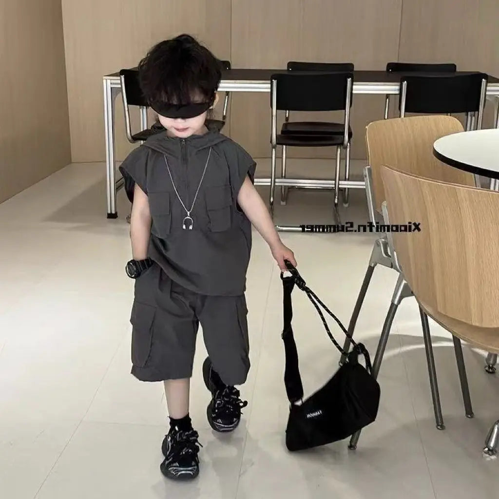 Boys Summer Two-Piece Set Cool Handsome Short-Sleeved Top And Shorts Children's Outfit