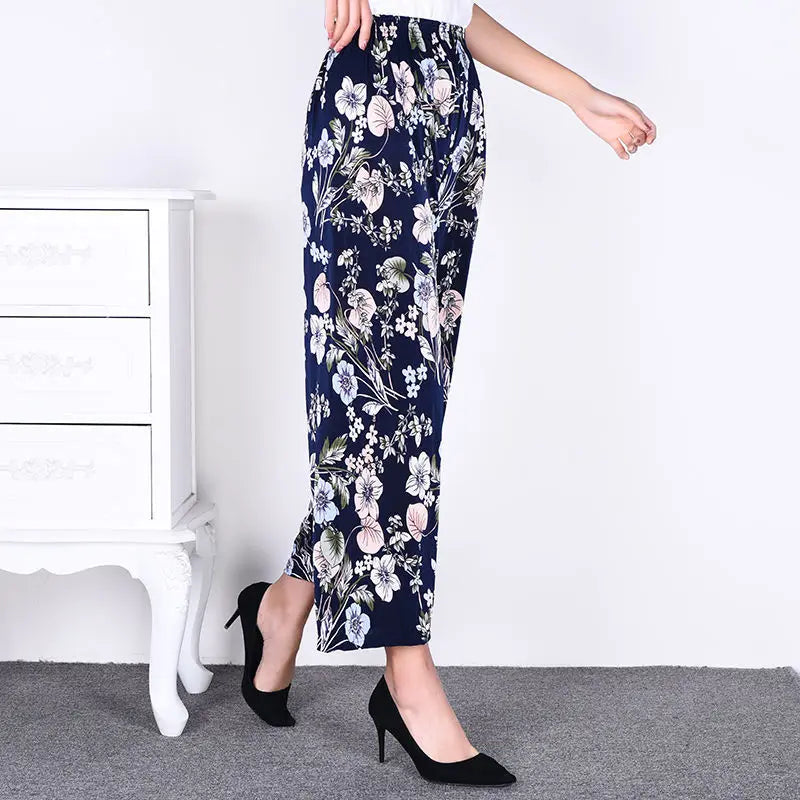 High Waist Floral Pants Straight Leg Home Leisure Women's plus Size High Elasticity Air Conditioning Pants Casual Trousers