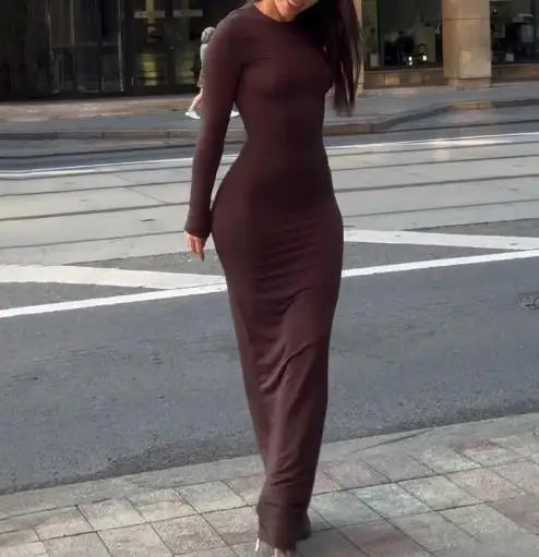 Womens Dresses  Spring Autumn New Fashion Sexy Skinny Hip Hugging Comfortable Solid Color Casual Round Neck Long Dress