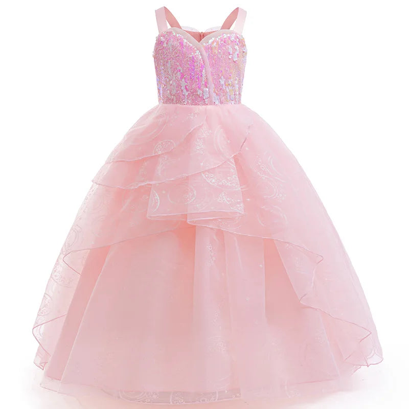 Festive Dress For Girl Fancy Pink Princess Dress Elegant Puffy Girls Wedding Bridesmaid Pageant Party Dress Birthday Ball Gown