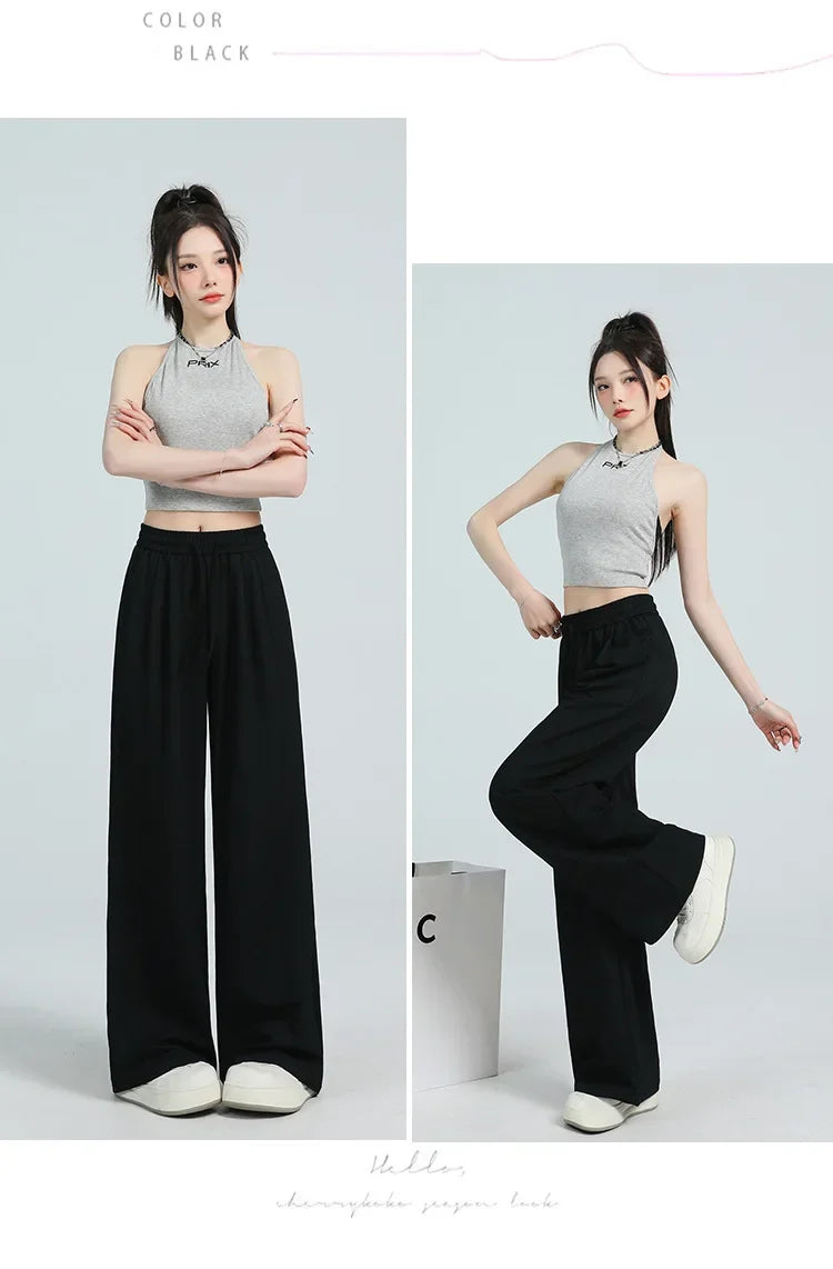 White Ice Silk Wide Leg Pants Women's Summer Thin High Waist Slimming Casual Versatile Elastic Waist Draped Straight Leg Trouser