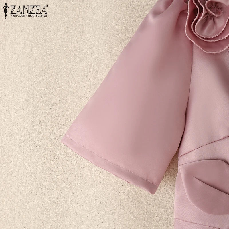 ZANZEA Elegant Woman Party Dresses Shiny Satin Round Neck Short Sleeve Fabric Flower A-line Robes Femme Fashion Midi Vestidos