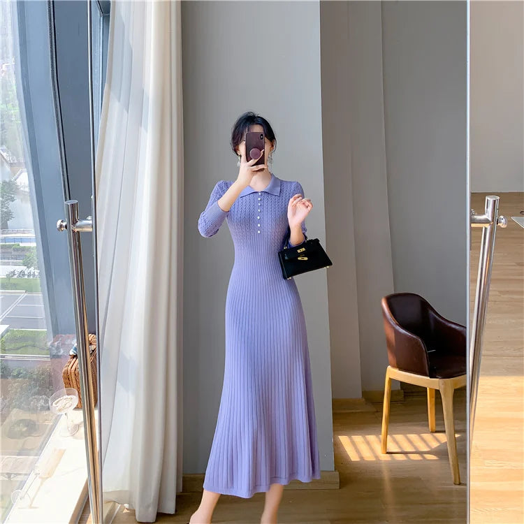 Sweater Dress Women New  Autumn Winter Purple White Or Black High Waist A Line Dress Elegant Long Knitted Dress
