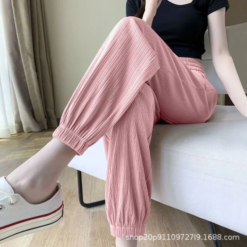 Ice Silk Wide Leg Pants Women's Spring Summer Autumn Thin High Waist Loose Straight Casual Long Trousers Comfortable Polyeste...