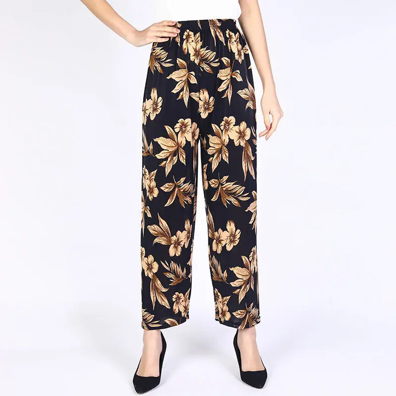 High Waist Floral Pants Straight Leg Home Leisure Women's plus Size High Elasticity Air Conditioning Pants Casual Trousers