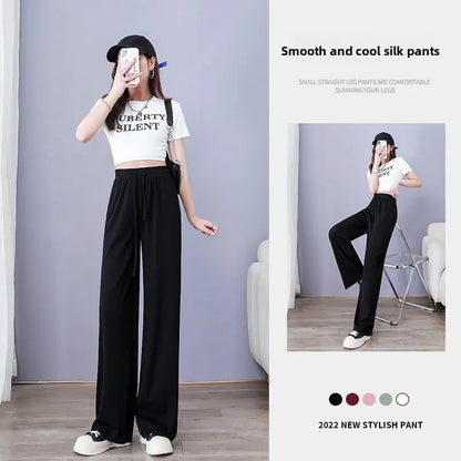 Ice Silk Wide Leg Pants Women's Summer 2024 New High Waist Drape Loose Slimming Straight Bla Floor-Length Casual Trousers