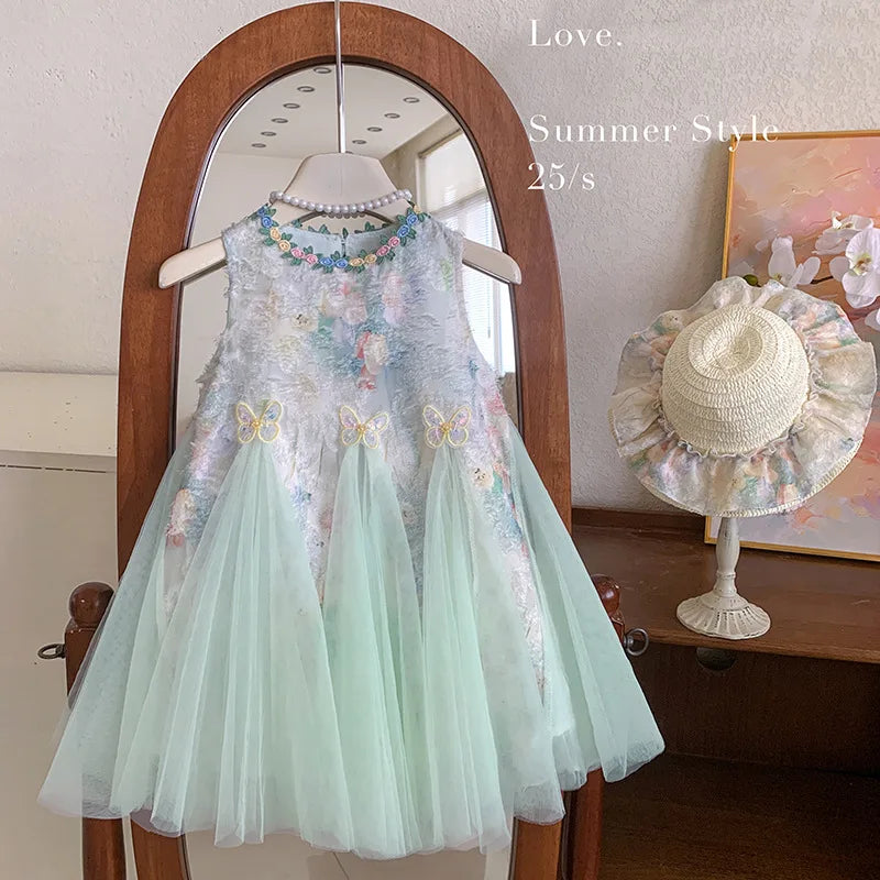 Girls Dress Summer  New Tank Top Dress Children Holiday Children Baby Beautiful Puff Princess Dress
