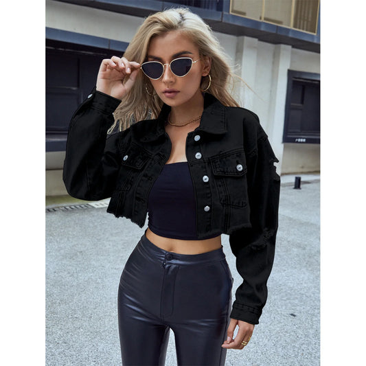 Women Clothing Single Breasted Denim Coat Long Sleeve Turn Down Washed Jackets Loose Fit Cardigan Streetwear Solid Pockets