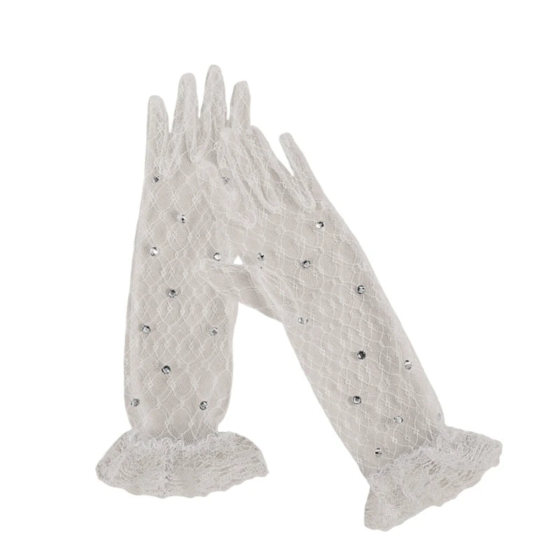 1 pair Lace Gloves for Little Kids Ages 3 to 12 Year Flower Girls Mittens White