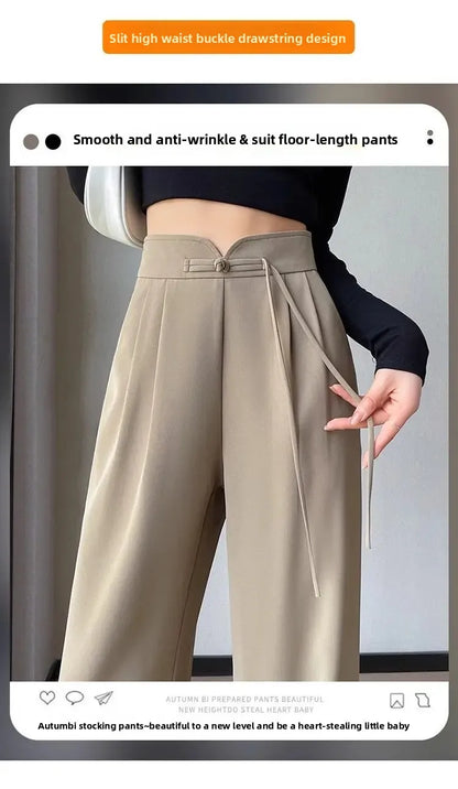New Chinese Style High Waist Buttoned Suit Pants Women's Spring Summer Casual Wide Leg Pants Versatile Slimming Design