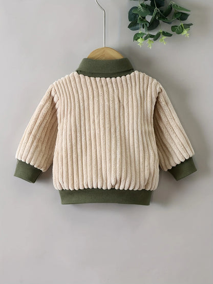 Boys Fall Winter Plaid Button Style Plush Apricot Baseball Jacket Baby Outfit Vertical Stripe Design Soft Fur Infant Clothing