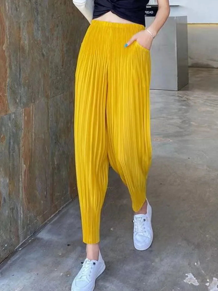 Women's Pants Miyake pleated casual small leg slimming look nine point harem pant summer thin versatile light tight Capris
