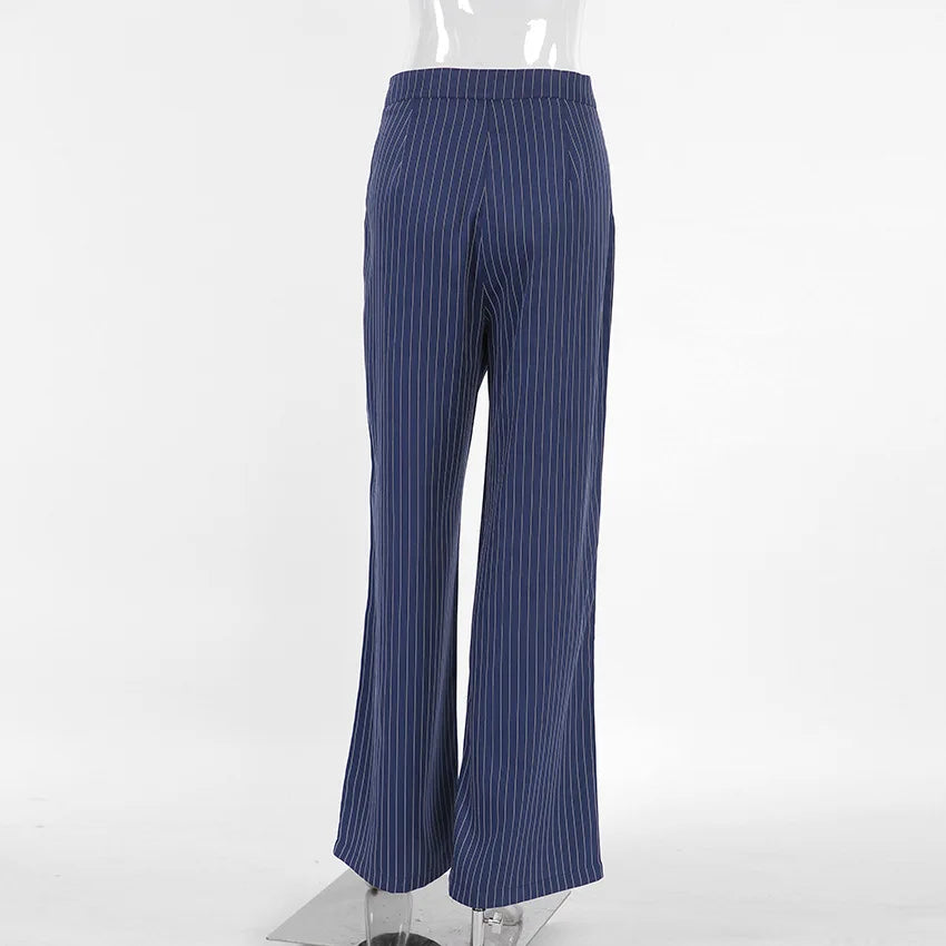 High Waisted Straight Leg Wide Leg Pants For Women's Clothing  Autumn/Winter New Navy Striped Fashionable Casual Pants