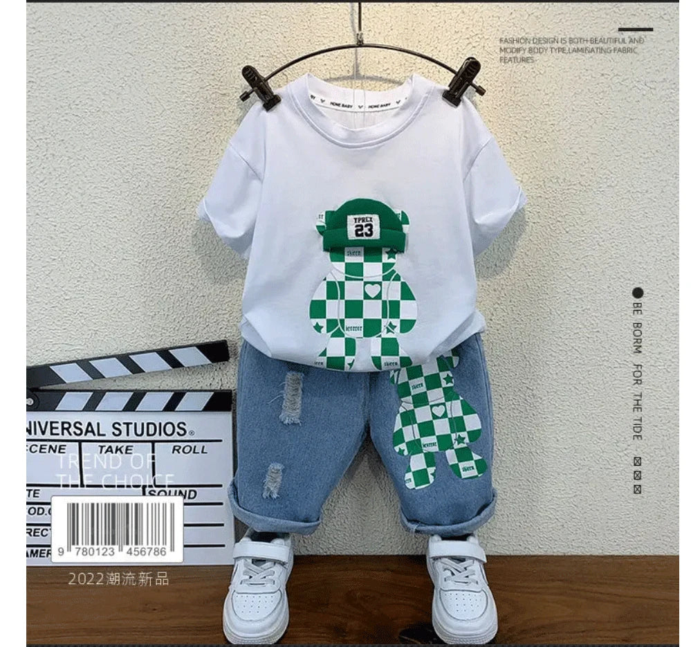 New Selling Summer Baby Boys Clothing Sets Tops bear T-shirt +Short Pants 2 Pieces Set Kids