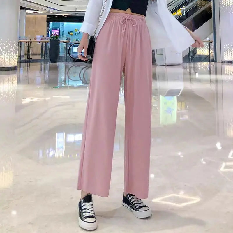 New Women Ankle-Length Wide Leg Pants Casual Summer Solid Elastic Waist Loose Ice Silk Pants Spring Summer Female Trousers
