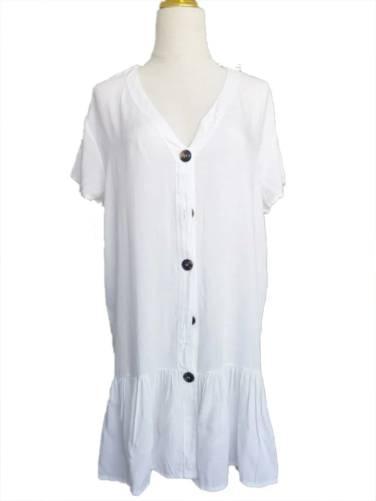 SUNFORYOU Cover-ups  Tunic For Beach Button Rayon V neck Beach Shirt Swimsuit Cover Up Vestido Sarong Beachwear Women Pareo