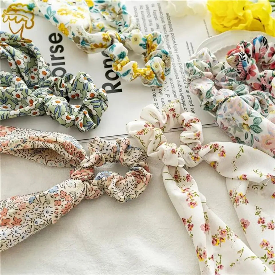 Women's Hair Accessories Girl Lady Elastic Headband Scrunchies With Ribbon Floral Design Trend Bandana Band Headbands Fashion