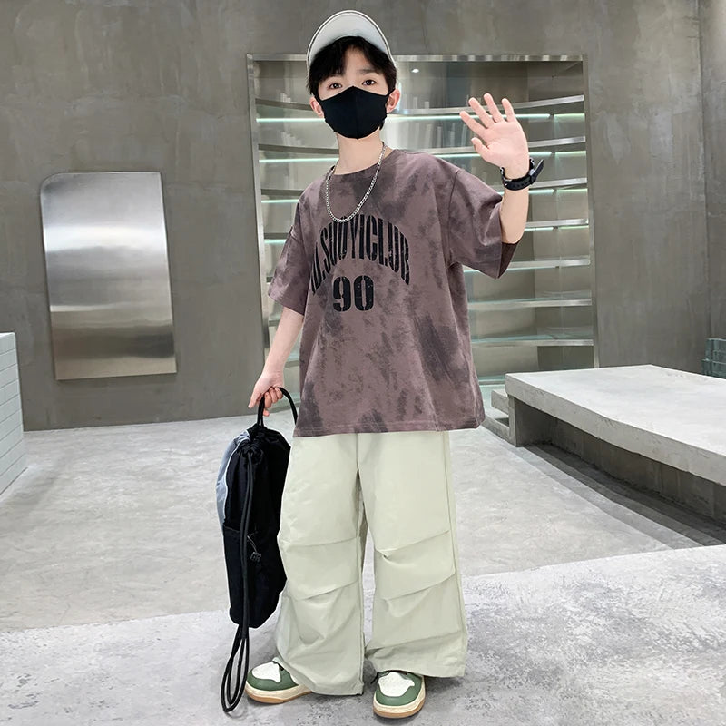 Boys Summer Clothing Set Children Casual Cotton Outfit Suit Brown Color Kids Cotton
