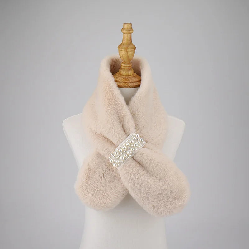 Autumn and winter high-end imitation rabbit fur women's outdoor thick warm cross pearl button plush scarf