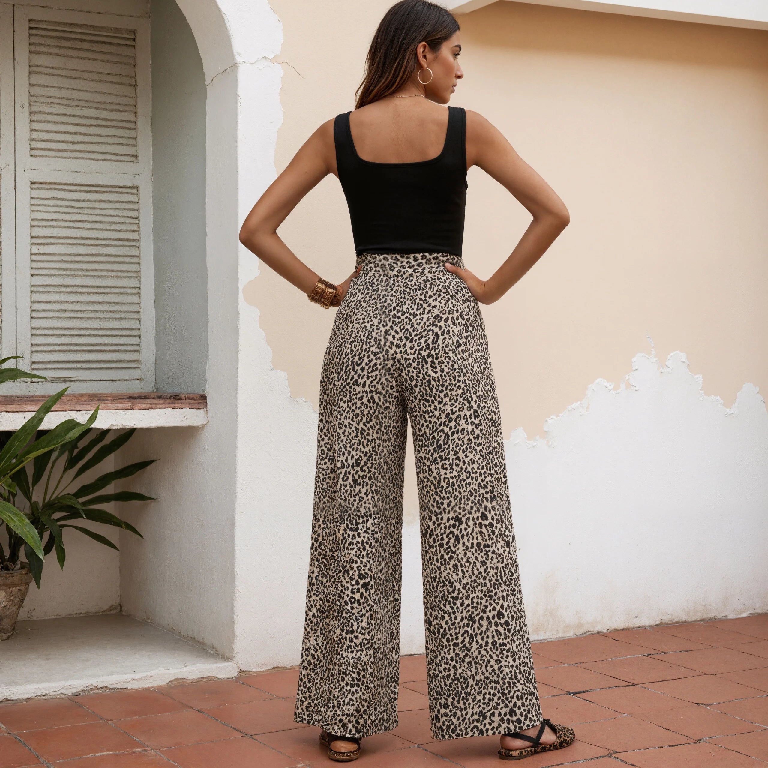 Women Sexy Leopard Print Wide Leg Pants High Waisted Elastic Flowy Palazzo Trousers Summer Boho Vacation Casual Bottoms