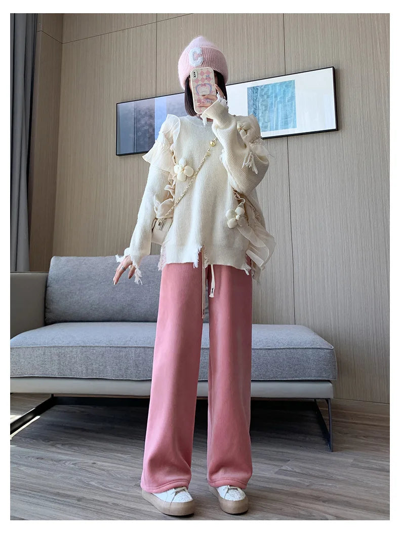 Women Wide Leg Corduroy Pants Autumn Winter Women Basic Elastic Waist Stright Long Pants Casual Female Long Pants Trousers